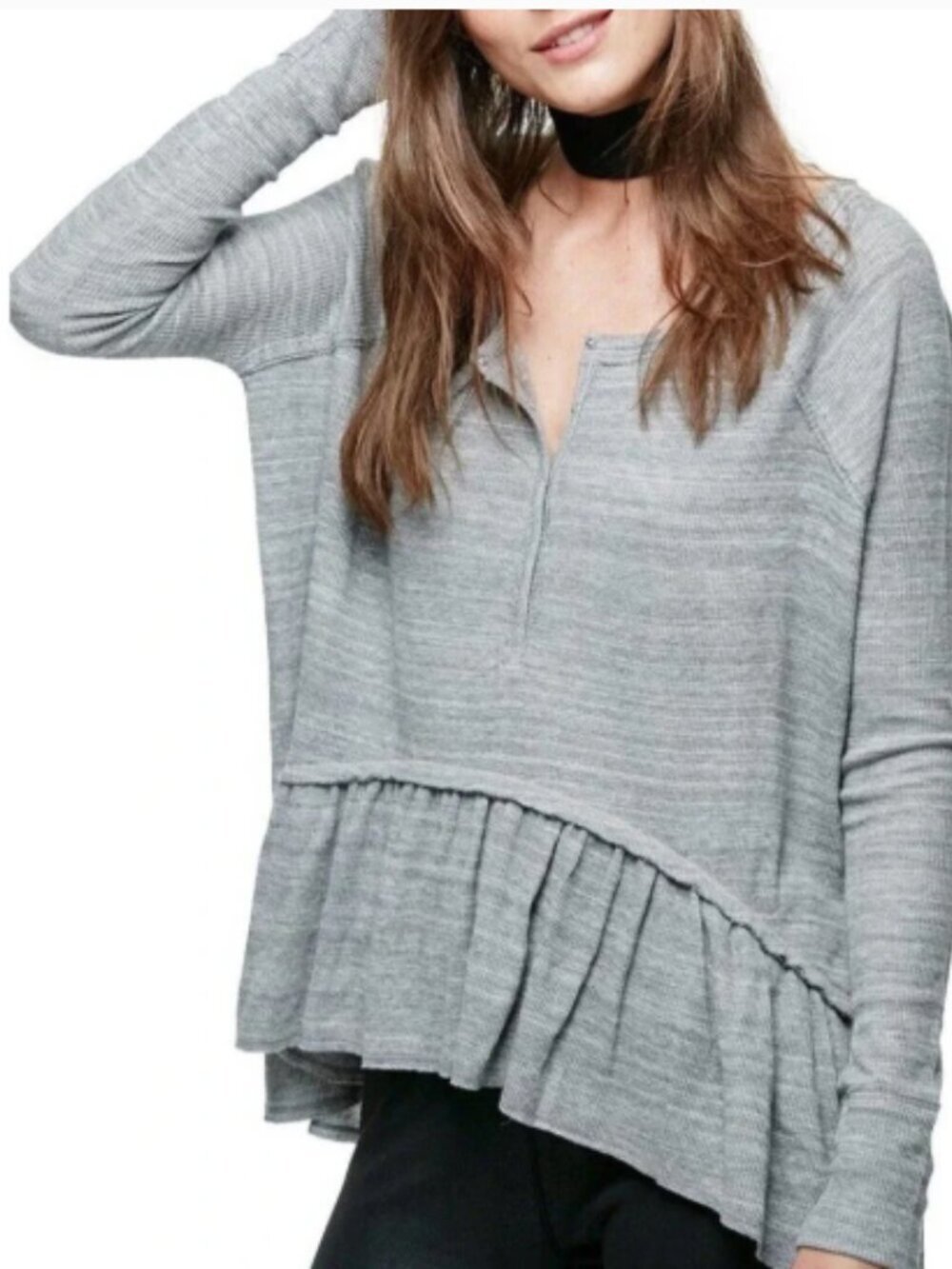 We The Free People Gray Coastline Thermal Henley Peplum Size Petite Small